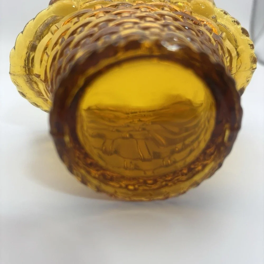 Jeannette Glass Basket Double Handle Wicker Design Amber 3-3/4 Inch Tall Vintage
